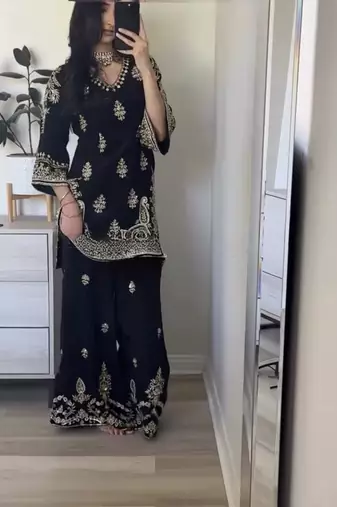 Black silk blend embroidered palazzo set