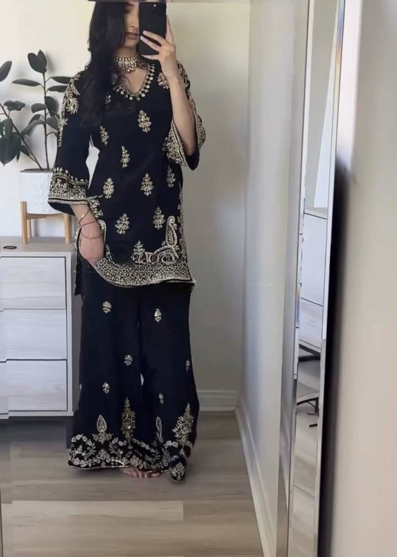 Black silk blend embroidered palazzo set