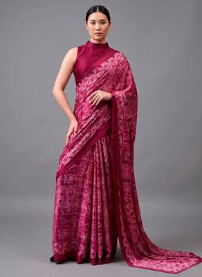 Pink printed satin saree with blouse 2