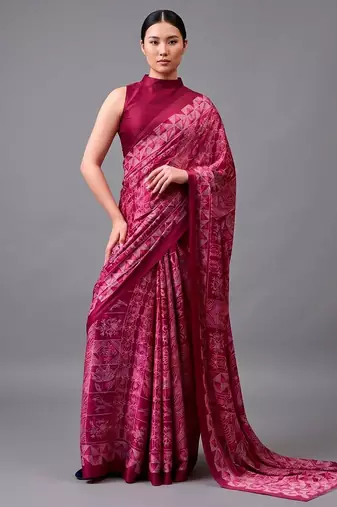 Pink printed satin saree with blouse
