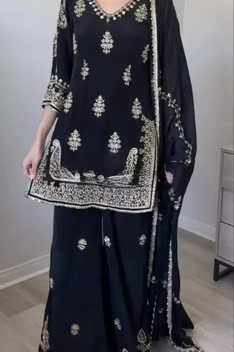 Black silk blend embroidered palazzo set