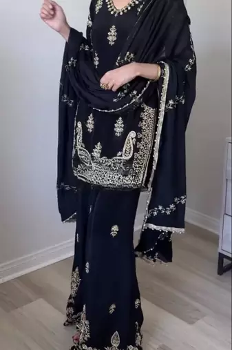 Black silk blend embroidered palazzo set