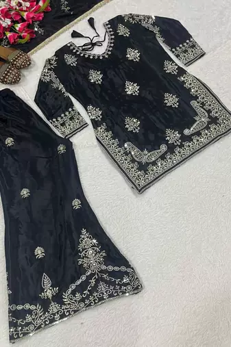 Black silk blend embroidered palazzo set