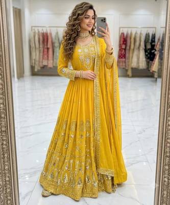 Yellow faux georgette embroidered flared gown set 1