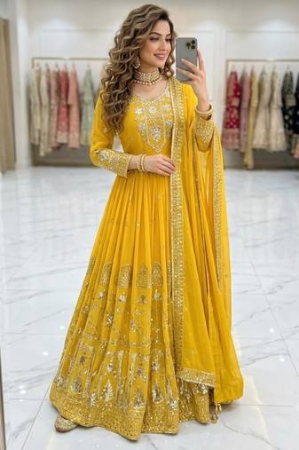 Yellow faux georgette embroidered flared gown set