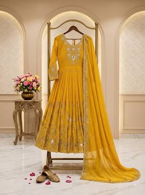 Yellow faux georgette embroidered flared gown set 2