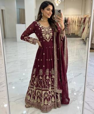Maroon faux georgette embroidered flared gown set 1