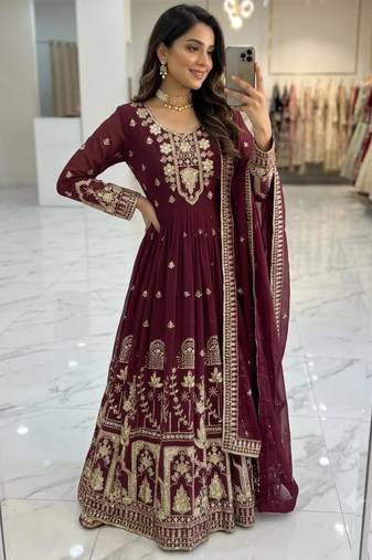 Maroon faux georgette embroidered flared gown set