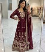 Maroon faux georgette embroidered flared gown set