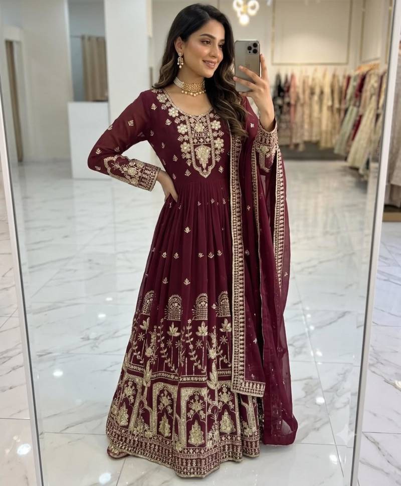 Maroon faux georgette embroidered flared gown set