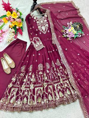 Maroon faux georgette embroidered flared gown set 2