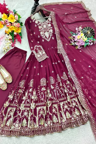 Maroon faux georgette embroidered flared gown set