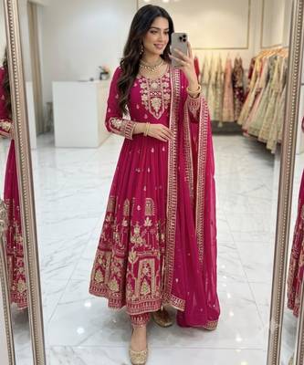 Hot-pink faux georgette embroidered flared gown set 1