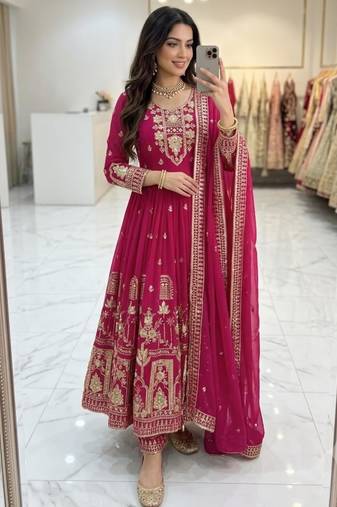 Hot-pink faux georgette embroidered flared gown set