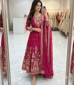 Hot-pink faux georgette embroidered flared gown set