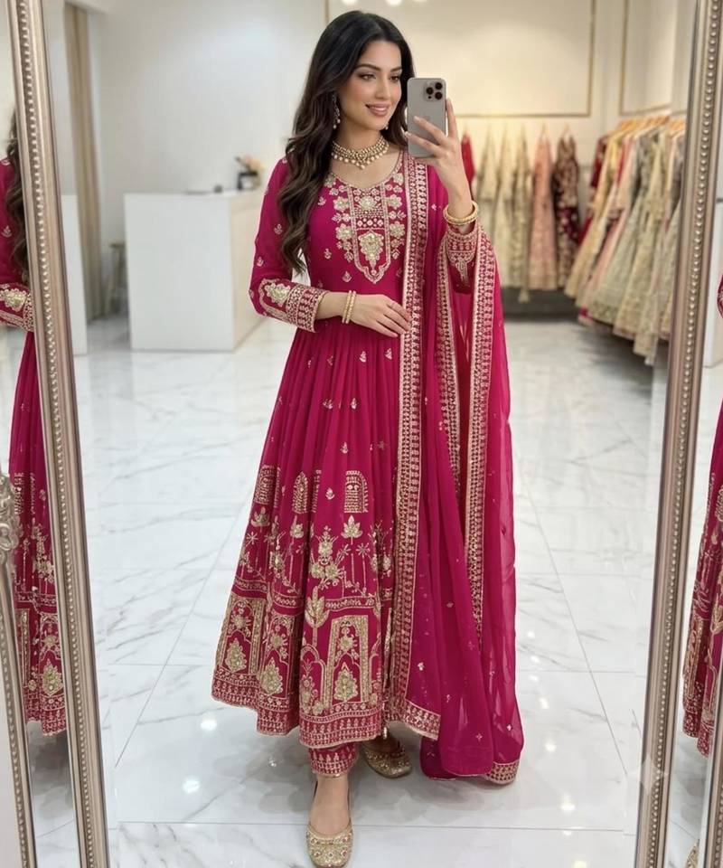 Hot-pink faux georgette embroidered flared gown set