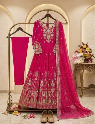 Hot-pink faux georgette embroidered flared gown set 2