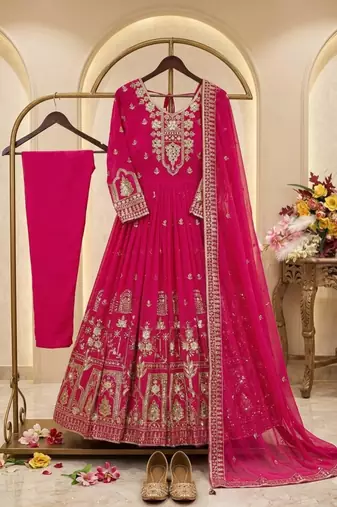 Hot-pink faux georgette embroidered flared gown set