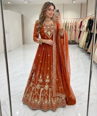 Orange faux georgette embroidered flared gown set 1