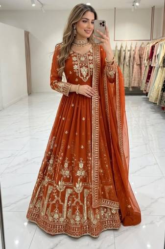 Orange faux georgette embroidered flared gown set