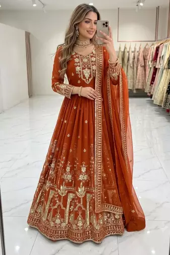 Orange faux georgette embroidered flared gown set