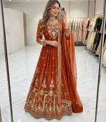 Orange faux georgette embroidered flared gown set