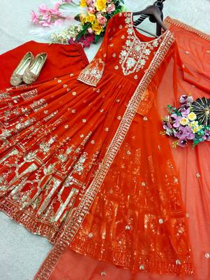 Orange faux georgette embroidered flared gown set 2
