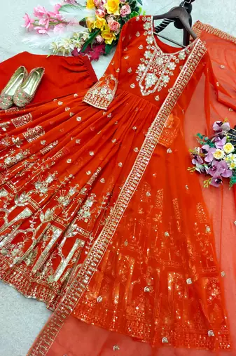 Orange faux georgette embroidered flared gown set