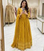 Dark-yellow faux georgette embroidered flared gown set