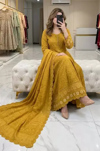 Dark-yellow faux georgette embroidered flared gown set
