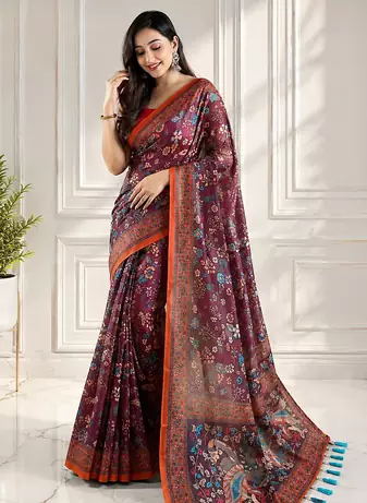 brown color kalamkari prints contrast pallu cotton blend saree