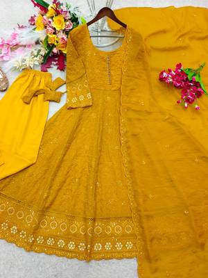 Dark-yellow faux georgette embroidered flared gown set 4