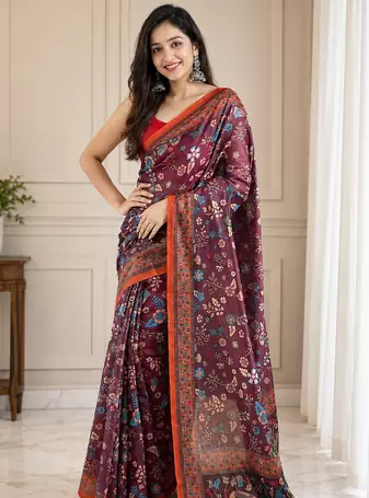 brown color kalamkari prints contrast pallu cotton blend saree