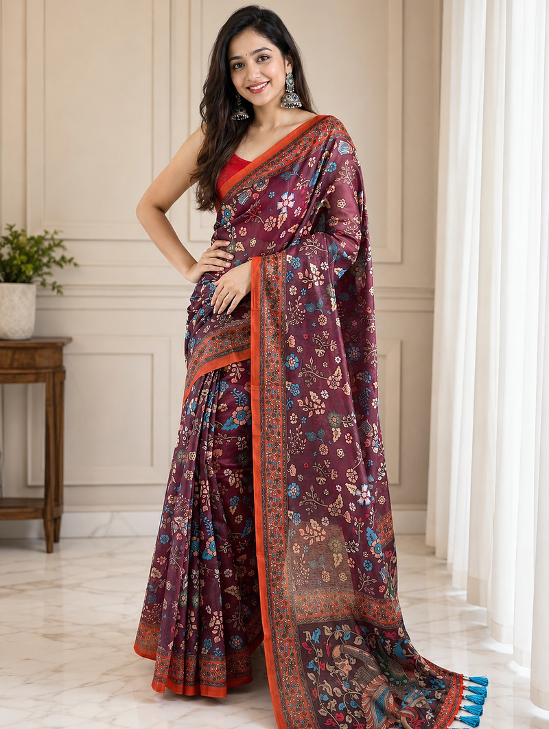 brown color kalamkari prints contrast pallu cotton blend saree