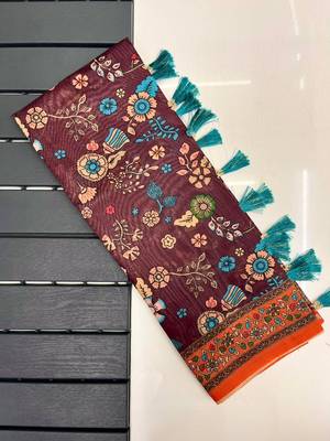 brown color kalamkari prints contrast pallu cotton blend saree 5