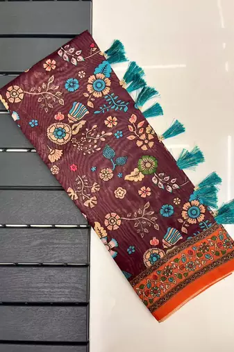 brown color kalamkari prints contrast pallu cotton blend saree