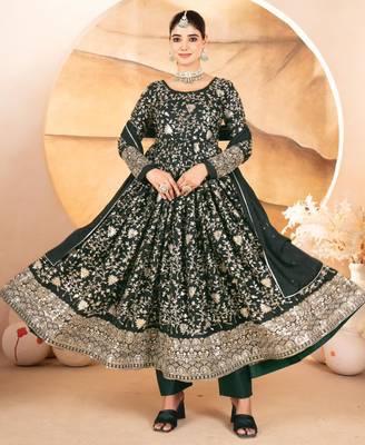 Dark-green georgette embroidered anarkali set 1