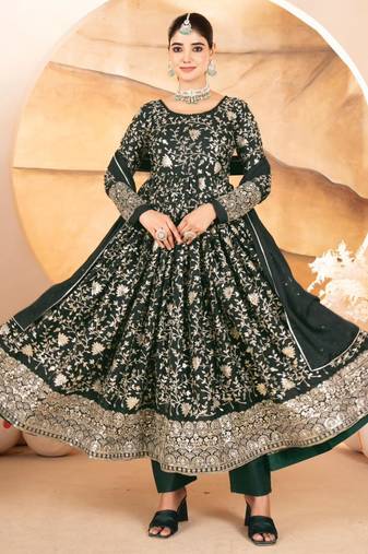 Dark-green georgette embroidered anarkali set