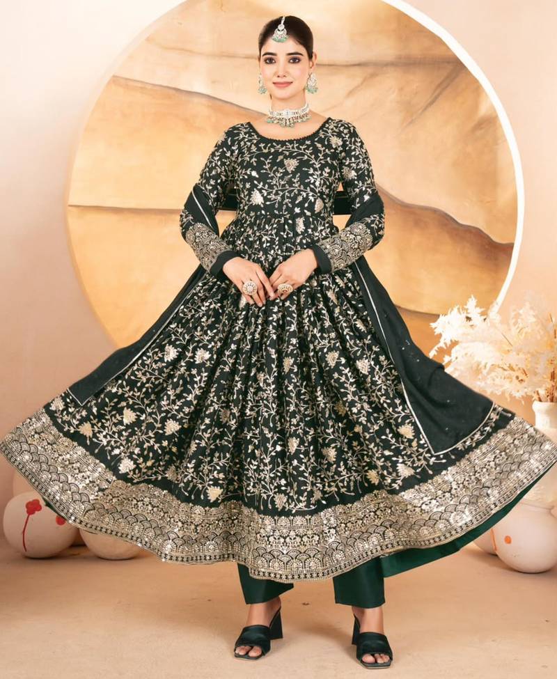 Dark-green georgette embroidered anarkali set