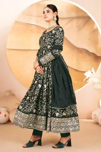 Dark-green georgette embroidered anarkali set