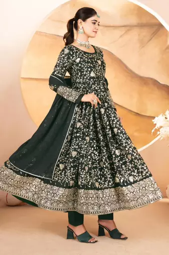Dark-green georgette embroidered anarkali set