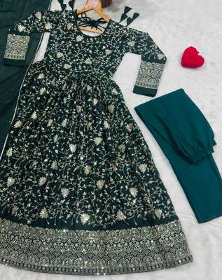 Dark-green georgette embroidered anarkali set 4