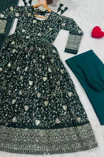 Dark-green georgette embroidered anarkali set