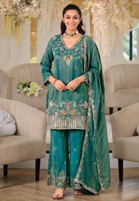Teal silk blend embroidered palazzo set 1