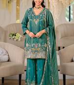 Teal silk blend embroidered palazzo set