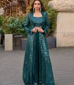 Dark-teal faux georgette embroidered palazzo set