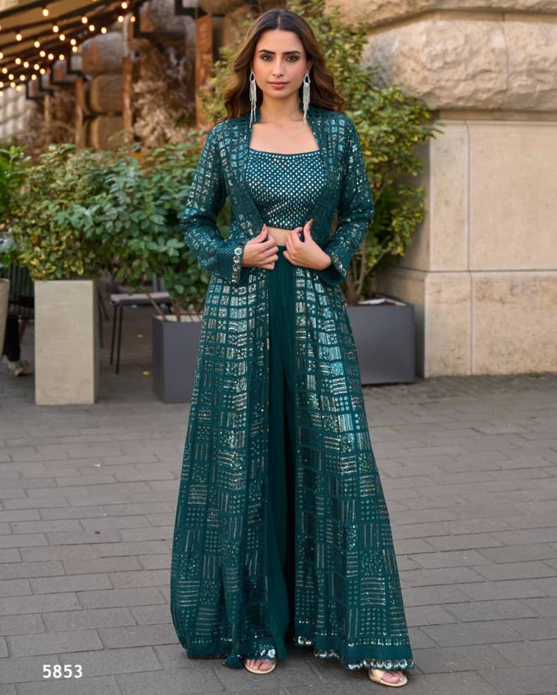 Dark-teal faux georgette embroidered palazzo set
