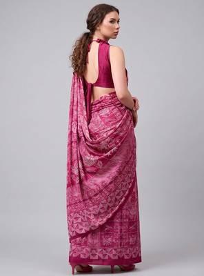 Pink printed satin saree with blouse 3