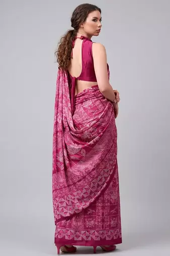 Pink printed satin saree with blouse