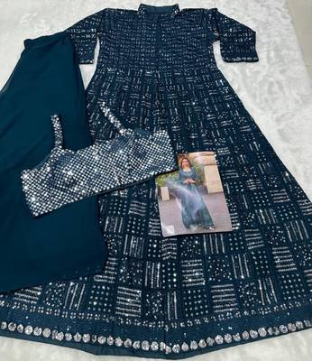 Dark-teal faux georgette embroidered palazzo set 2